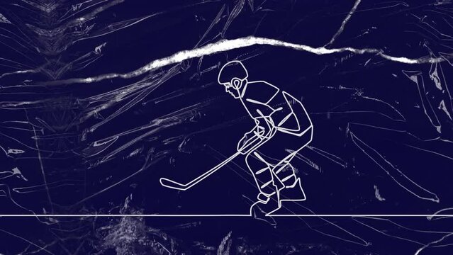 Animation of drawing of male hockey player and shapes on blue background