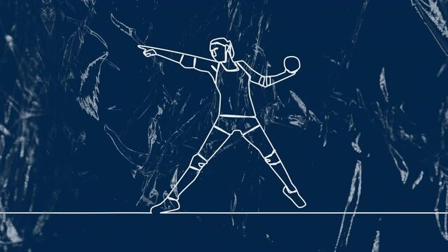 Animation of drawing of female handball player throwing ball and shapes on blue background