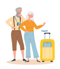 Elderly tourists concept. Grandfather with camera and woman with suitcase preparing for flight, waiting for plane. Tourists and travelers, retirement and vacation. Cartoon flat vector illustration