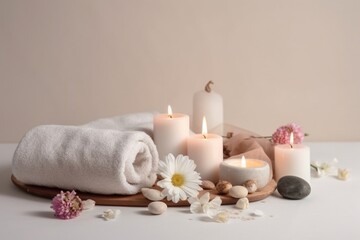 Fototapeta na wymiar spa setting with candles and flower