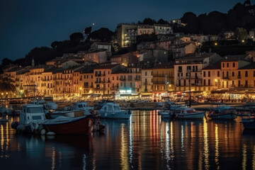 Fototapeta na wymiar Mystic landscape of the harbor with colorful houses and the boats in Porto Venero, Italy, Liguria in the evening in the light of lanterns created with Generative AI technology