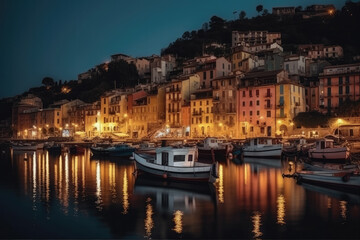 Fototapeta premium Mystic landscape of the harbor with colorful houses and the boats in Porto Venero, Italy, Liguria in the evening in the light of lanterns created with Generative AI technology