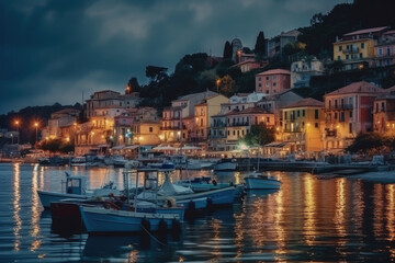 Fototapeta premium Mystic landscape of the harbor with colorful houses and the boats in Porto Venero, Italy, Liguria in the evening in the light of lanterns created with Generative AI technology