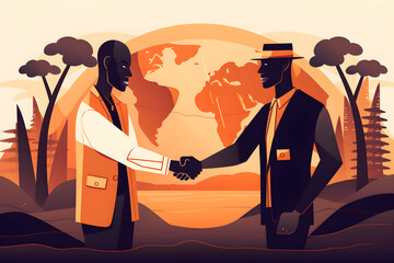 Flat vector illustration B2b, black or businessman handshake at meeting or start up project partnership or financial deal. African workers working in teamwork, handshake zoom or success in job promoti