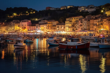 Fototapeta na wymiar Mystic landscape of the harbor with colorful houses and the boats in Porto Venero, Italy, Liguria in the evening in the light of lanterns created with Generative AI technology