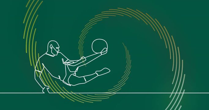 Animation of drawing of male soccer player kicking ball and shapes on green background