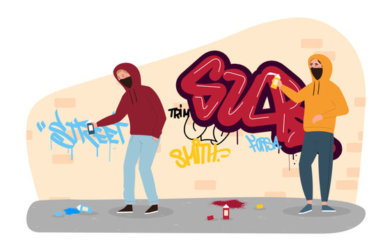 Street vandals painting graffiti. Kids with spray paint paint big, bright letters on walls. Creativity and art. Crime and vandalism, breaking law, street hooligans. Cartoon flat vector illustration
