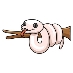 Cute black eyed leucistic reticulatus python cartoon on tree branch