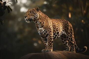 portrait of a leopard standing on stone