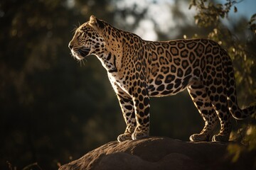 portrait of a leopard standing on stone