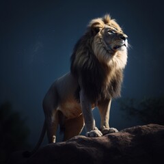 Plakat portrait of a lion standing on stone at night