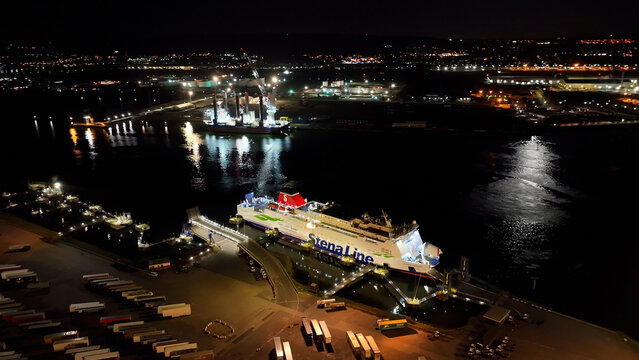Nightscape Aerial video of STENA NORDICA Ferry Belfast Harbour Northern Ireland 04-04-23