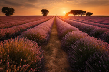 Fototapeta na wymiar lavender field at sunset created with Generative AI technology