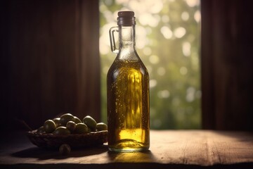 a bottle of olive oil on the table