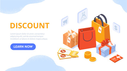 Isometric discount concept. Marketing and advertising on Internet. Large packages with purchases and gifts. Cashback and interest. Online shopping and electronic commerce. Cartoon vector illustration