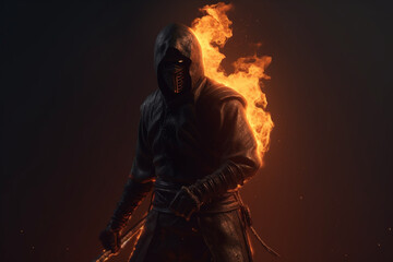 Obraz premium person in ninja fire sword, fighting shadow, Generative AI 
