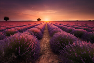 lavender field at sunset created with Generative AI technology