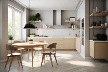 Scandinavian contemporary style kitchen with eating area and simplistic accents. 3d rendering 