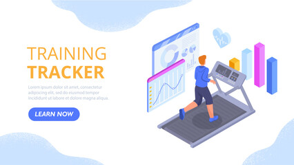 Training tracker concept. Men running on treadmill against background of graphs and charts. Cardio training and fat burning, young guy training at home or in gym. Cartoon isometric vector illustration
