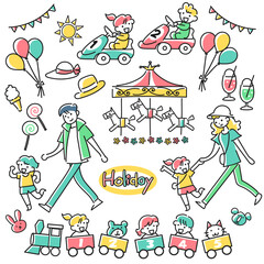 遊園地で遊ぶファミリーとあしらいセット