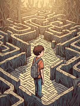 A boy standing in front of a maze