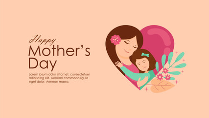happy mothers day banner template with mom hugging her daughter illustration