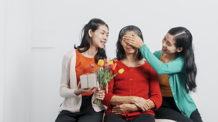 Mother's day, woman birthday anniversary, Senior elderly mature asian millennial grandmother with female daughter only women three people twin grand sister and young sister, real family person.
