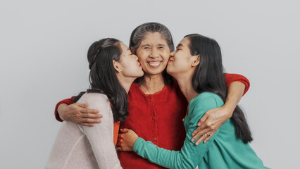 Mother's day, woman birthday anniversary, Senior elderly mature asian millennial grandmother with female daughter only women three people twin grand sister and young sister, real family person.