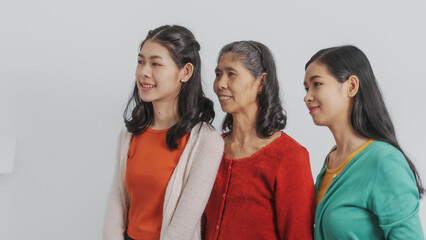 Mother's day, woman birthday anniversary, Senior elderly mature asian millennial grandmother with female daughter only women three people twin grand sister and young sister, real family person.