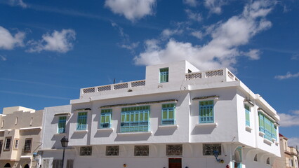 Building with balconies around the Great Mosque in Kairouan, Tunisia