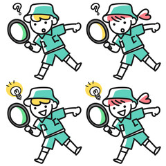 探検隊の男の子と女の子のポーズセット