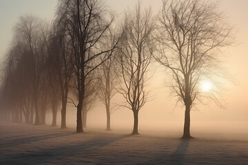 Fototapeta na wymiar Bare Trees on a Foggy Morning. Generative AI