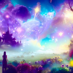 Starry Dream Landscape Colorful Flower Woman Nebula Castle