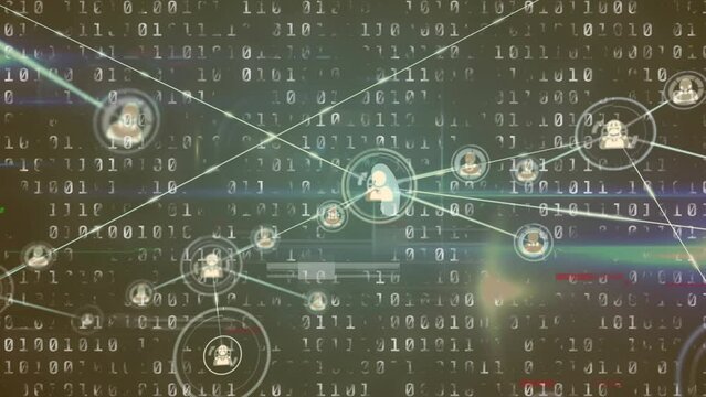 Animation of profile icons connecting with lines and loading circle over binary codes
