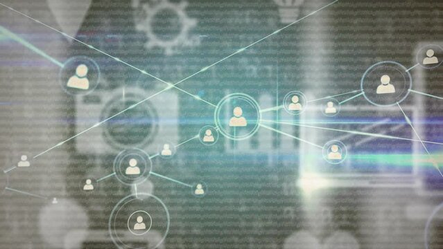 Animation of connected profile icons over computer icons and binary codes
