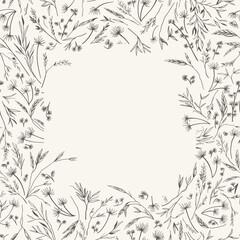 Botanical background with meadow herbs. Square cover template with dry grass. Black and white. Line art style. Greeting card with round copy space. Layout border for greeting, logos, covers, labels.