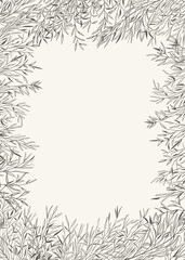 Botanical background with meadow herbs. Square cover template with dry grass. Black and white. Line art style. Greeting card with round copy space. Layout border for greeting, logos, covers, labels.