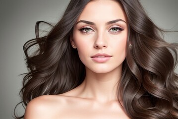 Naklejka premium Brunette woman with shiny healthy long hair, generative ai image