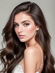 Naklejka premium Brunette woman with shiny healthy long hair, generative ai image