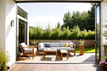 Trendy outdoor patio, cosy terrace with furniture, generative ai image - obrazy, fototapety, plakaty
