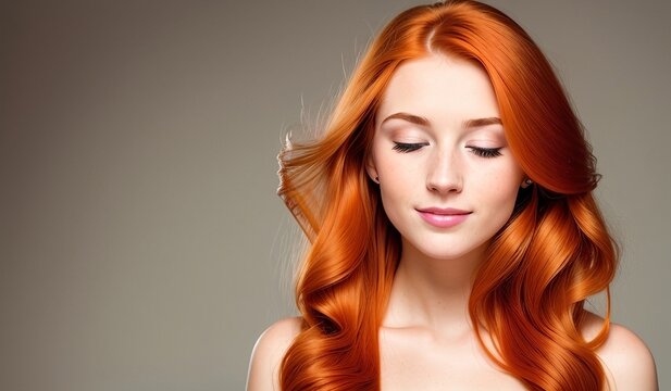 Redhead woman with healthy wavy long hair, generative ai image