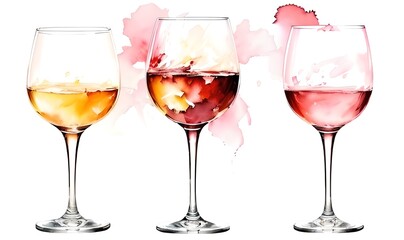 Set of watercolor wine in glasses, assorted wines - white, red, rose, isolated, generative ai