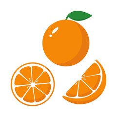 Orange fruit icon illustration with green leaf, whole and half sliced ​​ripe orange, cartoon illustration.
