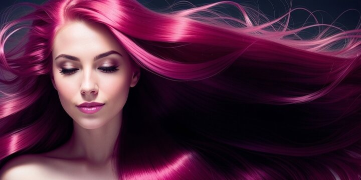 Pink haired woman with shiny long dyed hair, generative ai image