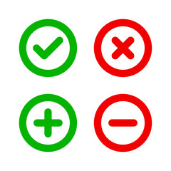 Check mark and cross mark icon. Plus and minus icon set