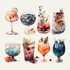 Refreshing summer cocktails in fancy glasses, garnished with fruit (generative ai)