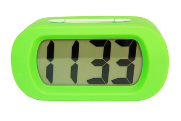 Green digital electronic clock on transparent background