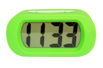 Green digital electronic clock on transparent background
