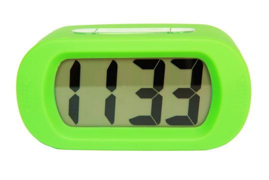 Green digital electronic clock on transparent background