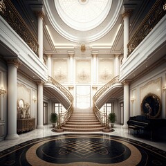 luxury hotel waiting room lobby, interior of  mansion entrance, very detailed design hall and big columns, old vintage vibe, generative ai 
